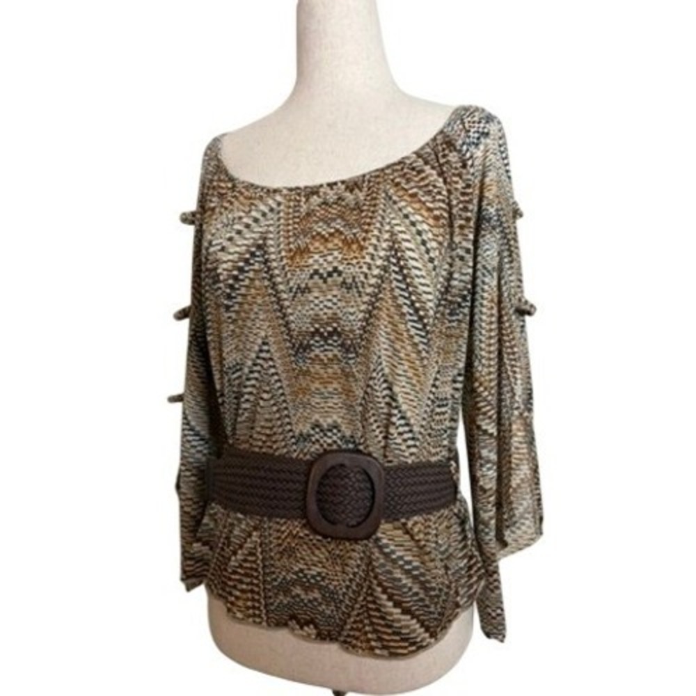 BeWare Women Earth‎ Tone Chevron Cold Shoulder Belted Blouse Top XL Brown Tan